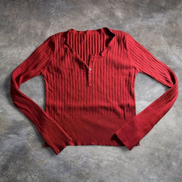 Unbranded Sweaters - Unbranded Red Ribbed Knit Henley Long Sleeve Sweater Top Y2K 90s Minimalist